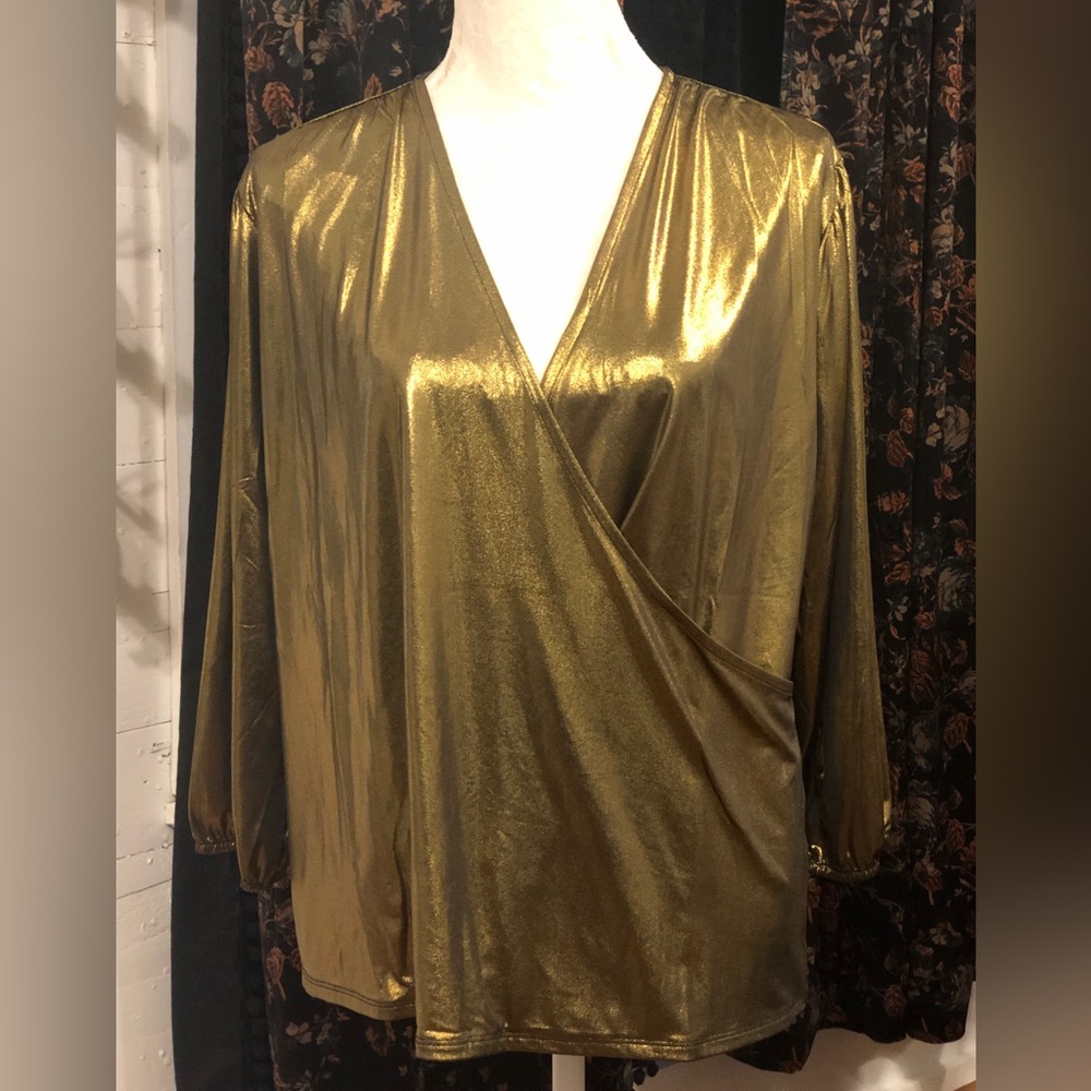 NWT Womens 1X Gold Shimmering Metallic 3/4 Sleeve Top Blouse Cooper & Ella